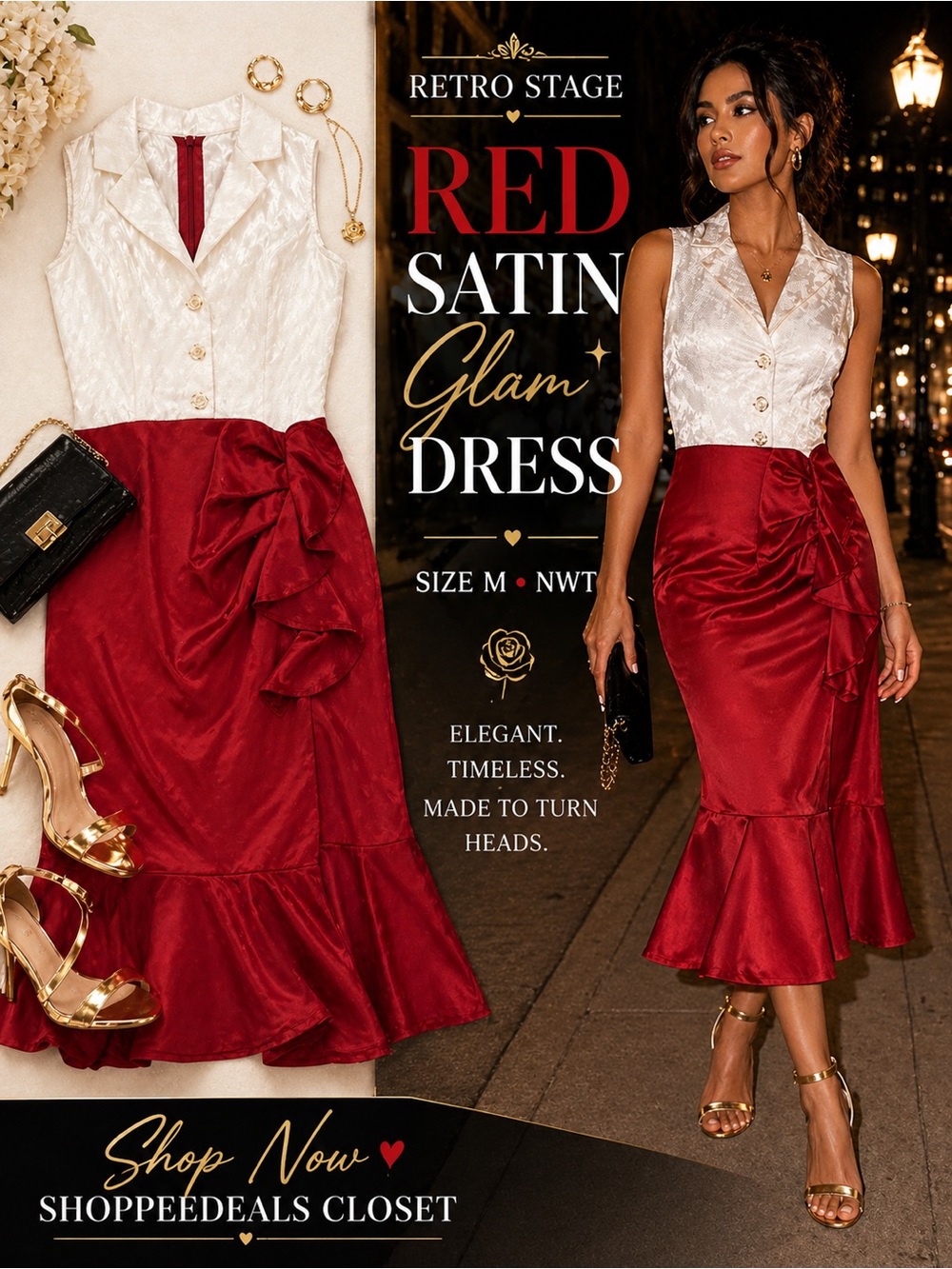 Retro Stage Red & Ivory Satin Midi Dress NWT Sleeveless Rose Button Detail NWT